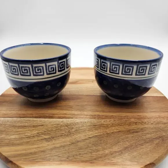 Pair Boleslawiec Polish Pottery Mugs Hand Made Cobalt Blue Greek Key Dot READ - Picture 4 of 10